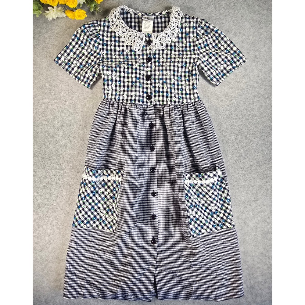 My Michelle Vintage 90s Gingham Floral Lace Collar Button Front Dress Size 7